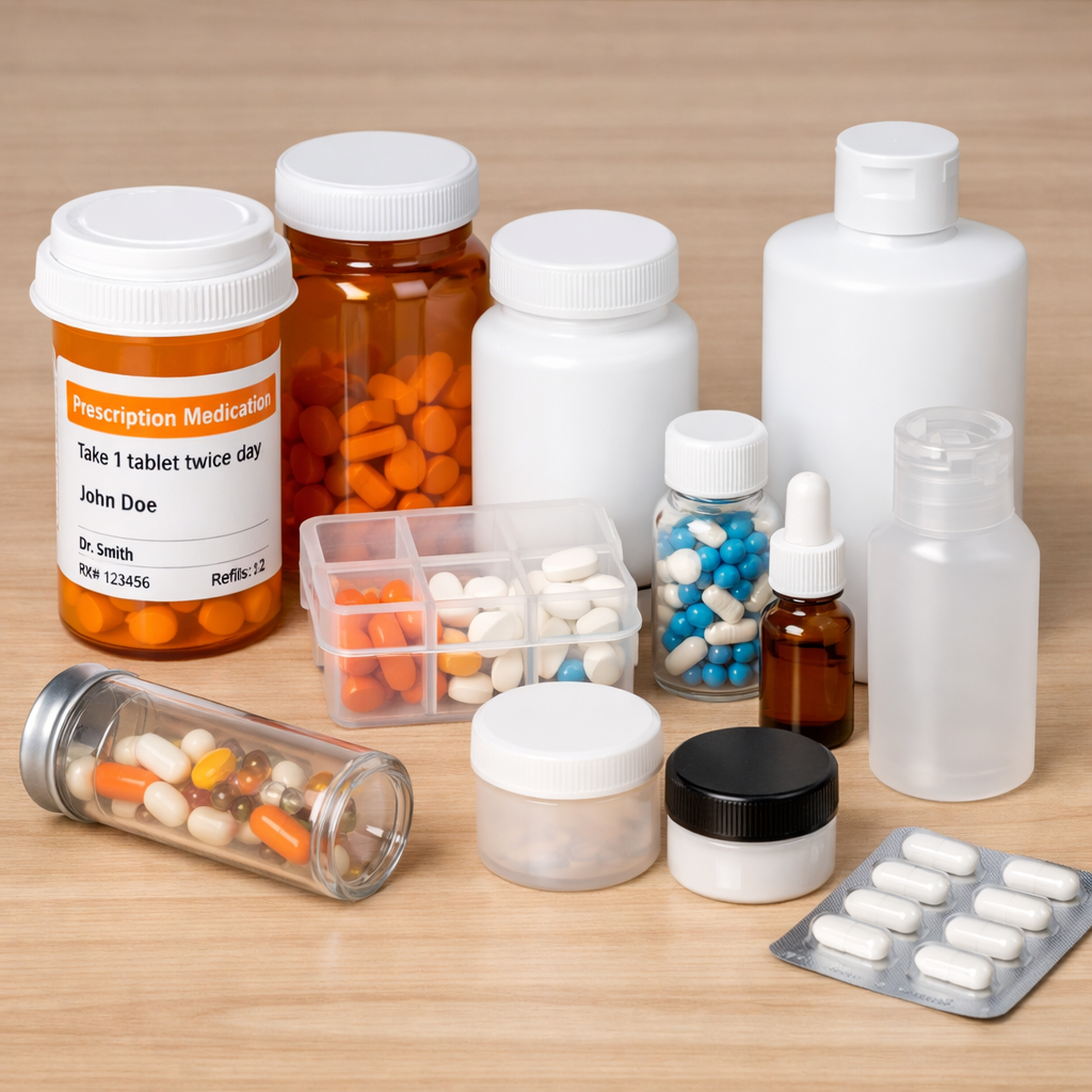 AI generated image of several medicine containers including standard and unlabeled containers for use when traveling